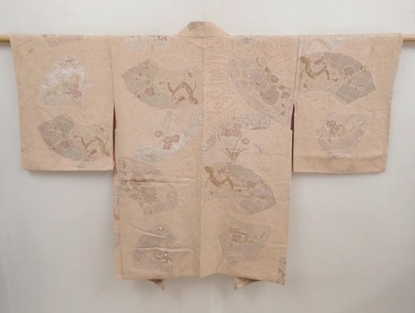 Photo1: 6713T13z830 Vintage Japanese Kimono Silk HAORI Flowers Light brown (1)