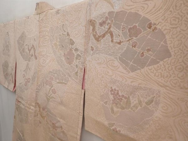Photo2: 6713T13z830 Vintage Japanese Kimono Silk HAORI Flowers Light brown (2)