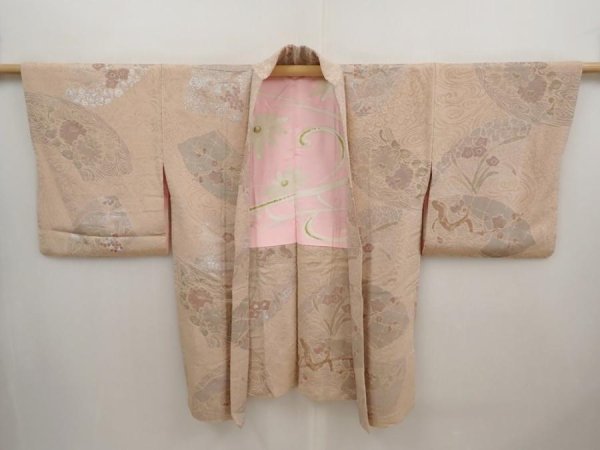 Photo6: 6713T13z830 Vintage Japanese Kimono Silk HAORI Flowers Light brown (6)
