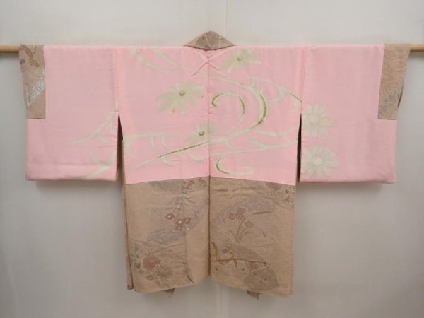 Photo7: 6713T13z830 Vintage Japanese Kimono Silk HAORI Flowers Light brown (7)