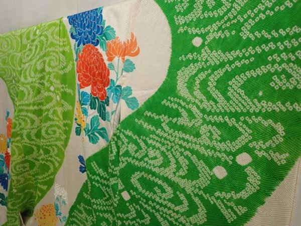 Photo2: 6713T14z1130 Vintage Japanese Kimono Silk FURISODE Chrysanthemum Green (2)