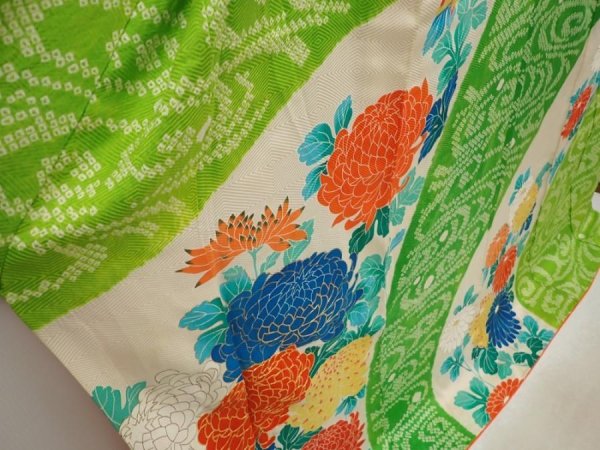 Photo3: 6713T14z1130 Vintage Japanese Kimono Silk FURISODE Chrysanthemum Green (3)