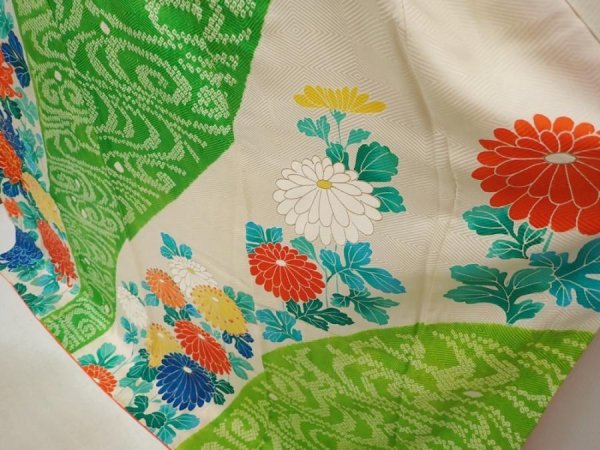 Photo4: 6713T14z1130 Vintage Japanese Kimono Silk FURISODE Chrysanthemum Green (4)