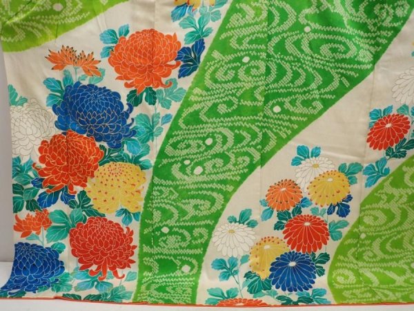 Photo5: 6713T14z1130 Vintage Japanese Kimono Silk FURISODE Chrysanthemum Green (5)