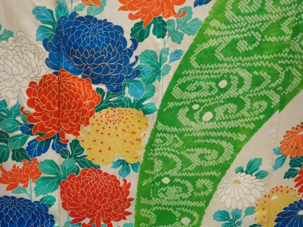 Photo8: 6713T14z1130 Vintage Japanese Kimono Silk FURISODE Chrysanthemum Green (8)