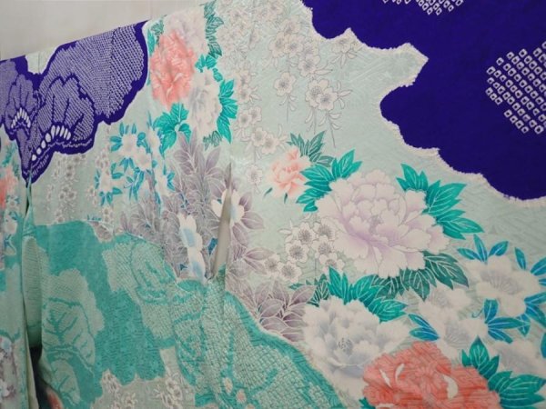 Photo2: 6713T15z1050  Japanese Kimono Silk FURISODE Peony Dark lavender blue (2)