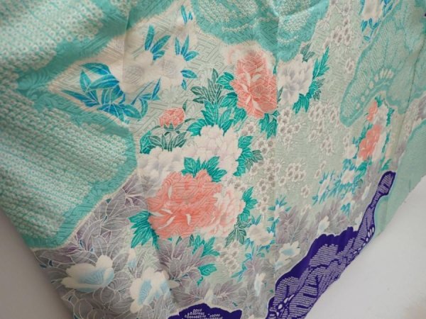 Photo3: 6713T15z1050  Japanese Kimono Silk FURISODE Peony Dark lavender blue (3)