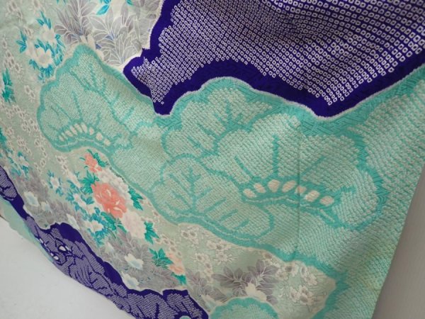 Photo4: 6713T15z1050  Japanese Kimono Silk FURISODE Peony Dark lavender blue (4)