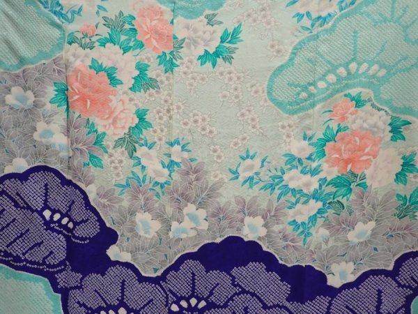 Photo8: 6713T15z1050  Japanese Kimono Silk FURISODE Peony Dark lavender blue (8)