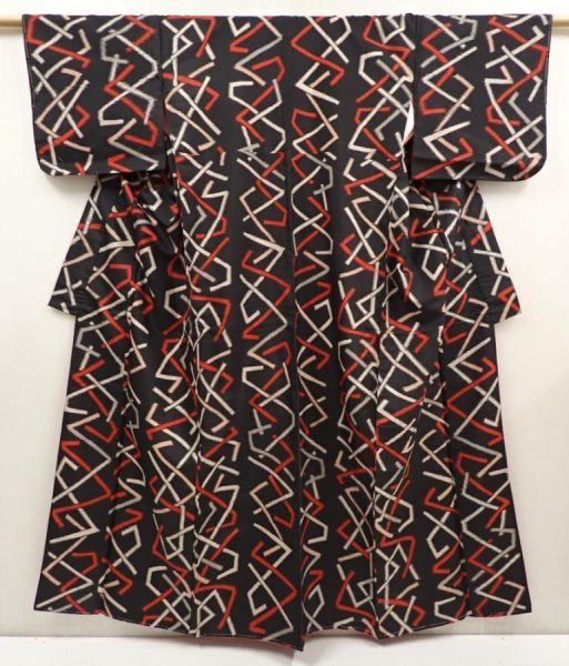 Photo1: 6714T01z740 Vintage Japanese Kimono Silk MEISEN KOMON  Black (1)
