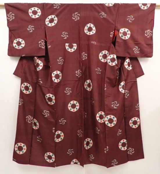Photo1: 6714T02z560 Vintage Japanese Kimono Silk MEISEN KOMON Purple-Brown (1)