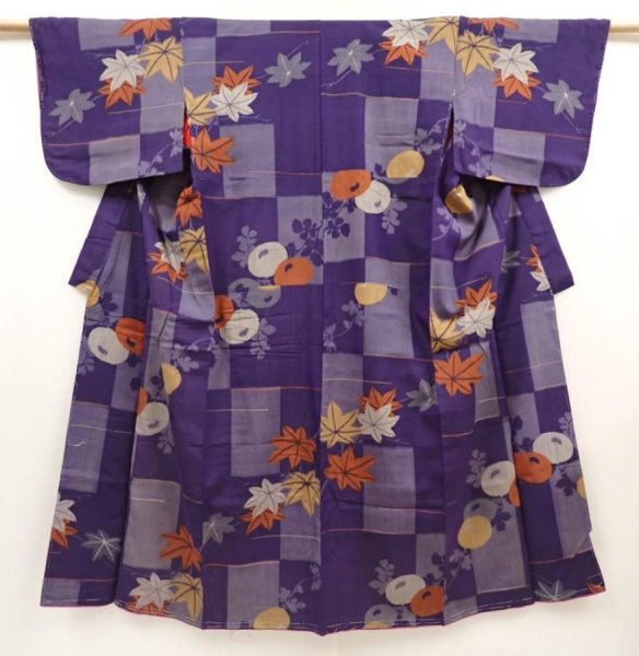 Photo1: 6714T03z590 Vintage Japanese Kimono Silk MEISEN KOMON Maple Dark lavender (1)