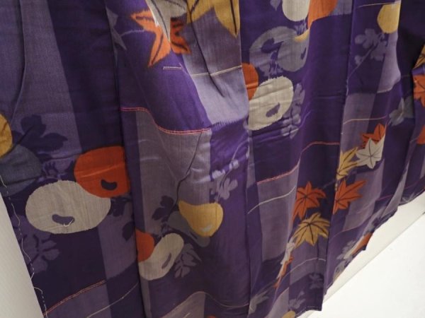 Photo3: 6714T03z590 Vintage Japanese Kimono Silk MEISEN KOMON Maple Dark lavender (3)