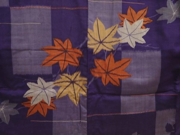 Photo5: 6714T03z590 Vintage Japanese Kimono Silk MEISEN KOMON Maple Dark lavender (5)