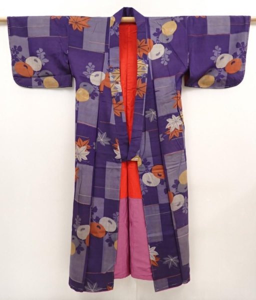 Photo6: 6714T03z590 Vintage Japanese Kimono Silk MEISEN KOMON Maple Dark lavender (6)