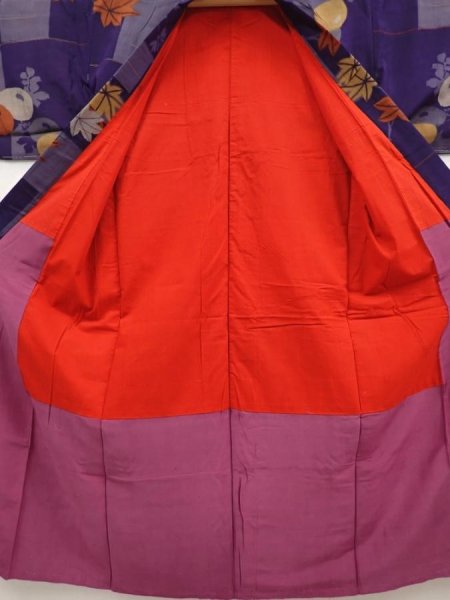 Photo8: 6714T03z590 Vintage Japanese Kimono Silk MEISEN KOMON Maple Dark lavender (8)