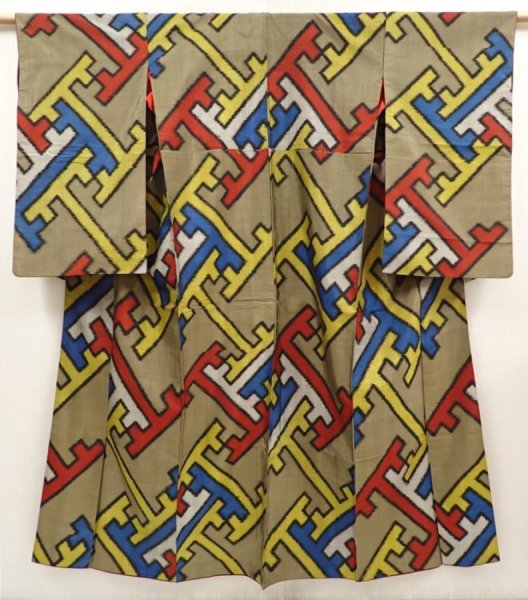 Photo1: 6714T04z590 Vintage Japanese Kimono Silk MEISEN KOMON Olive brown (1)