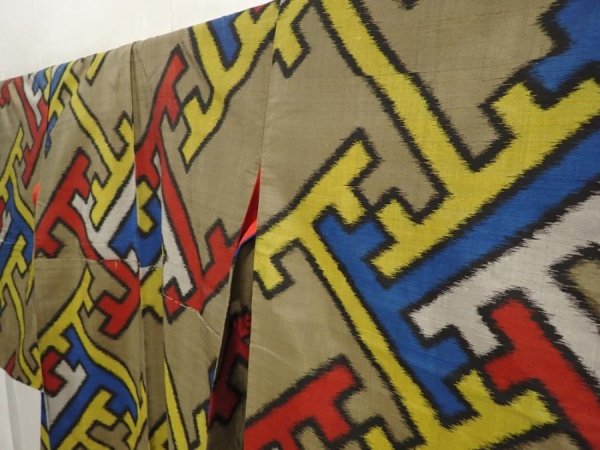 Photo2: 6714T04z590 Vintage Japanese Kimono Silk MEISEN KOMON Olive brown (2)