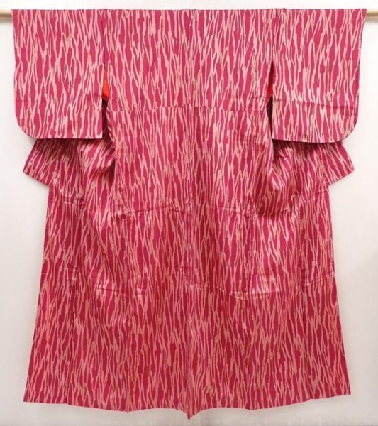 Photo1: 6714T06z610 Vintage Japanese Kimono Silk MEISEN KOMON Red-Pink (1)
