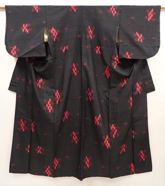 Photo1: 6714T07z680 Vintage Japanese Kimono Silk MEISEN KOMON Flower Black (1)