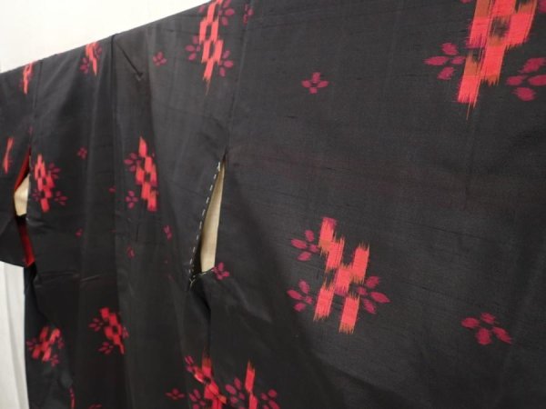 Photo2: 6714T07z680 Vintage Japanese Kimono Silk MEISEN KOMON Flower Black (2)