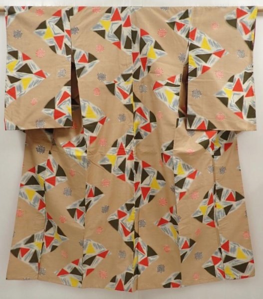 Photo1: 6714T08z750 Vintage Japanese Kimono Silk MEISEN KOMON  Dark champagne (1)