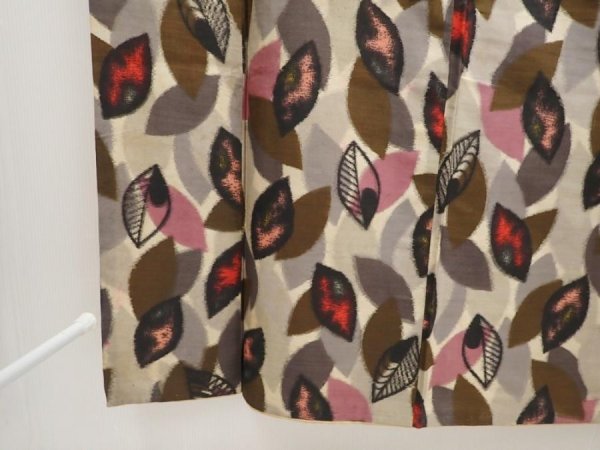 Photo8: 6714T09z540 Vintage Japanese Kimono Silk MEISEN KOMON Leaf Sand beige (8)