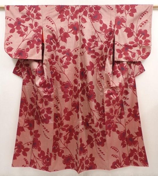 Photo1: 6714T10z540 Vintage Japanese Kimono Silk MEISEN KOMON Flower Wine red (1)