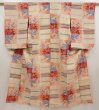 Photo1: 6714T11z550 Vintage Japanese Kimono Silk MEISEN KOMON Flower Peach-Beige (1)