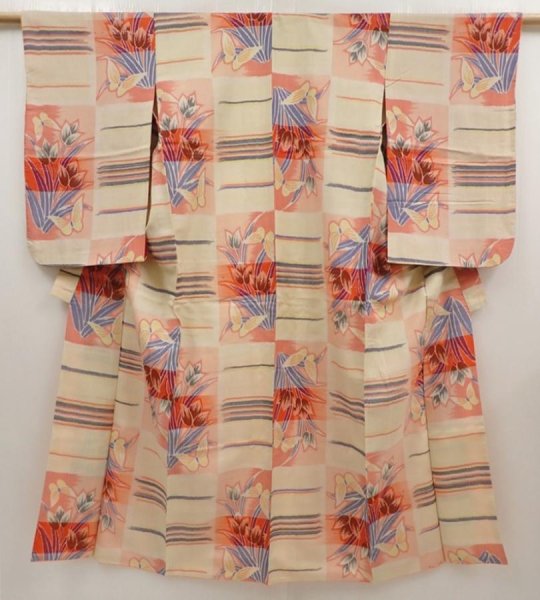 Photo1: 6714T11z550 Vintage Japanese Kimono Silk MEISEN KOMON Flower Peach-Beige (1)