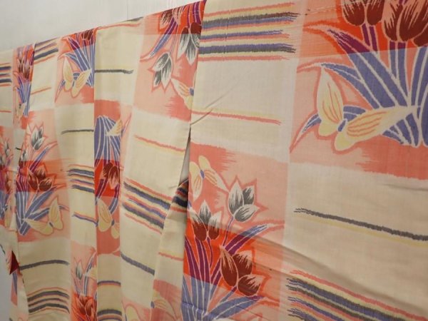 Photo2: 6714T11z550 Vintage Japanese Kimono Silk MEISEN KOMON Flower Peach-Beige (2)