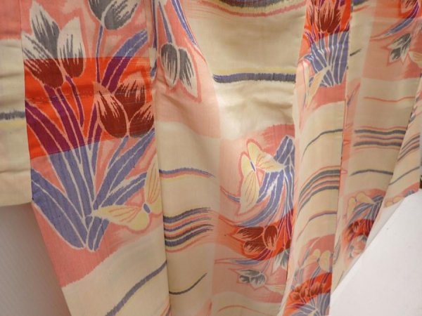 Photo3: 6714T11z550 Vintage Japanese Kimono Silk MEISEN KOMON Flower Peach-Beige (3)
