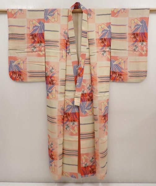 Photo7: 6714T11z550 Vintage Japanese Kimono Silk MEISEN KOMON Flower Peach-Beige (7)