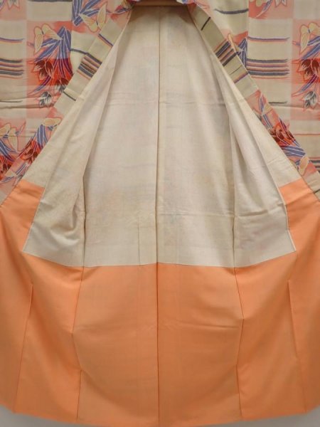 Photo8: 6714T11z550 Vintage Japanese Kimono Silk MEISEN KOMON Flower Peach-Beige (8)