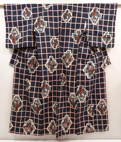 Photo1: 6714T12z680 Vintage Japanese Kimono Silk MEISEN KOMON Black (1)