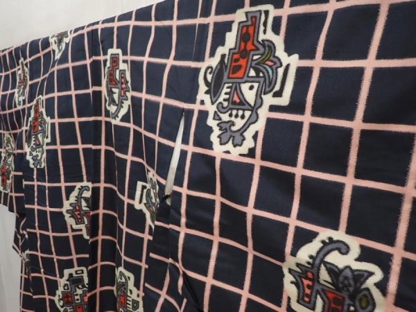 Photo2: 6714T12z680 Vintage Japanese Kimono Silk MEISEN KOMON Black (2)