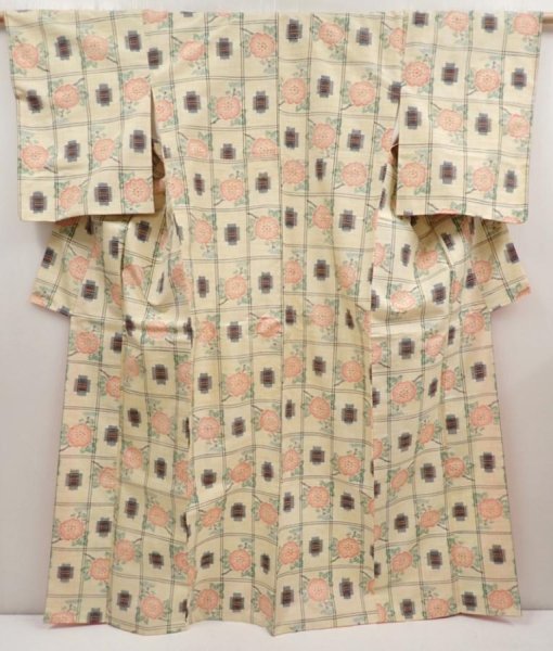 Photo1: 6714T13z800 Vintage Japanese Kimono Silk TSUMUGI Flower Light cream (1)