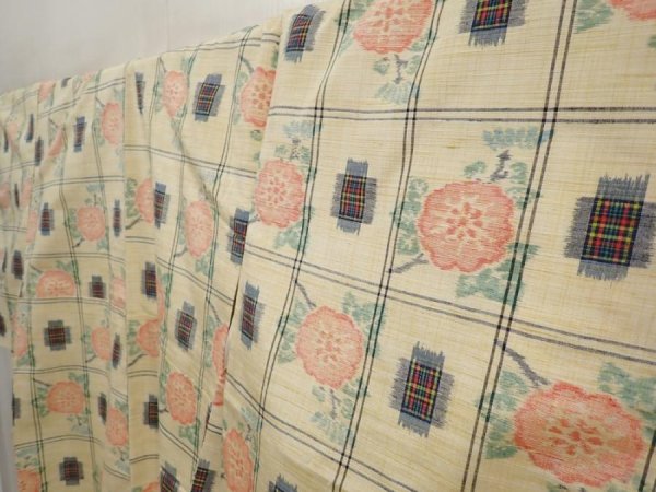 Photo2: 6714T13z800 Vintage Japanese Kimono Silk TSUMUGI Flower Light cream (2)