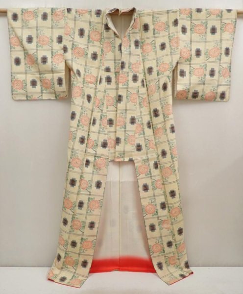 Photo8: 6714T13z800 Vintage Japanese Kimono Silk TSUMUGI Flower Light cream (8)