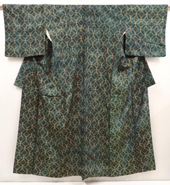 Photo1: 6714T14z810 Vintage Japanese Kimono Silk TSUMUGI  Dull green (1)
