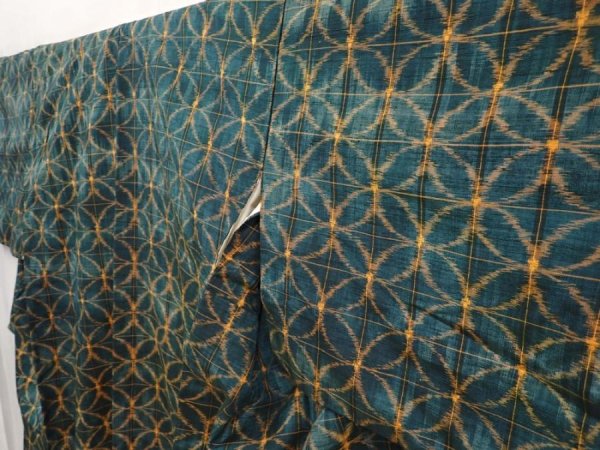 Photo2: 6714T14z810 Vintage Japanese Kimono Silk TSUMUGI  Dull green (2)