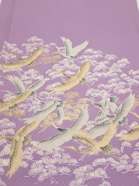 Photo1: 3M01z60  Japanese Kimono Silk  FABRIC Crane Purple-Pink 44.5x14.8 (1)