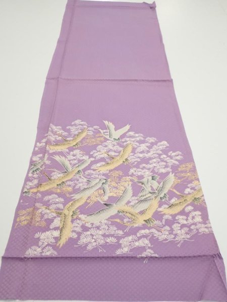 Photo5: 3M02z60  Japanese Kimono Silk  FABRIC Crane Purple-Pink 44.9x14.6 (5)