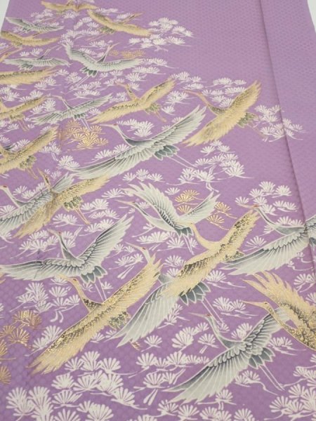 Photo1: 3M03z100  Japanese Kimono Silk  FABRIC Crane Purple-Pink 69.3x14.8 (1)