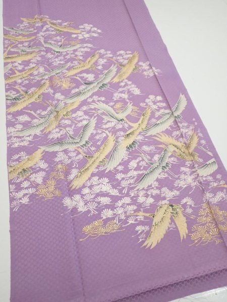 Photo2: 3M03z100  Japanese Kimono Silk  FABRIC Crane Purple-Pink 69.3x14.8 (2)