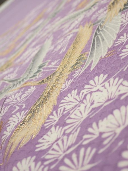 Photo4: 3M03z100  Japanese Kimono Silk  FABRIC Crane Purple-Pink 69.3x14.8 (4)
