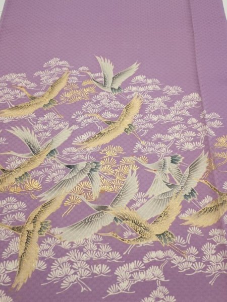 Photo1: 3M04z90  Japanese Kimono Silk  FABRIC Crane Purple-Pink 69.3x14.6 (1)