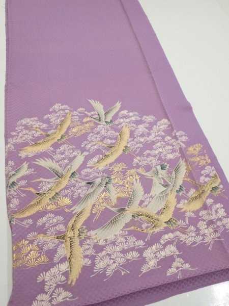 Photo2: 3M04z90  Japanese Kimono Silk  FABRIC Crane Purple-Pink 69.3x14.6 (2)