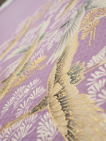 Photo4: 3M04z90  Japanese Kimono Silk  FABRIC Crane Purple-Pink 69.3x14.6 (4)