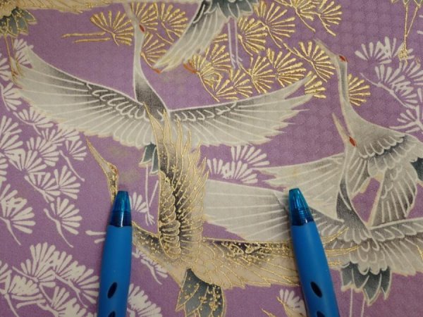 Photo7: 3M04z90  Japanese Kimono Silk  FABRIC Crane Purple-Pink 69.3x14.6 (7)